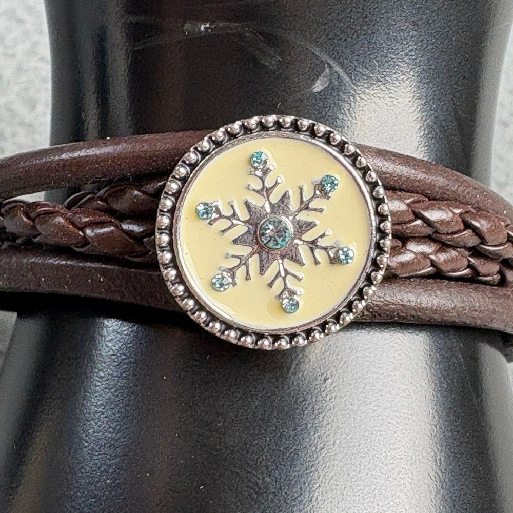 Brown Braided Faux Leather Snowflake Charm Bracelet Blue Rhinestone Adjustable